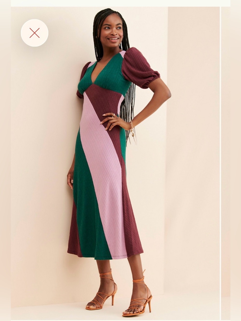 Hutch Colorblock Rib Knit Puff Sleeve Midi Dress Green Pink XL Cottagecore